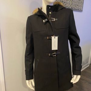 โ๏ธ NEW Cole Haan Wool Faux Fur Trim Black Hooded Winter Jacket Coat